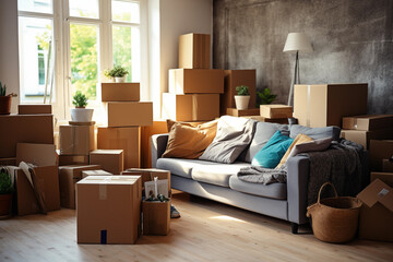 Cardboard boxes and household items on moving day. Moving home, rent apartment, buy new property