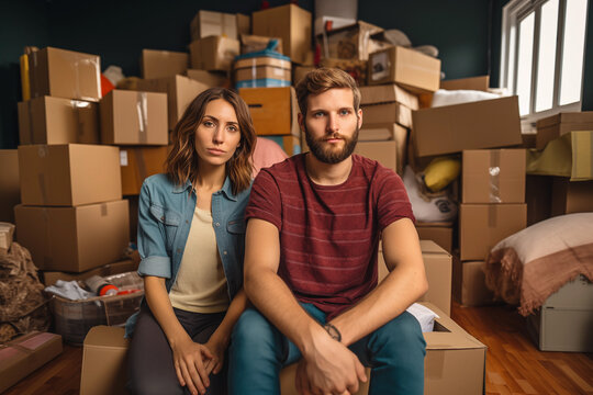 Couple with pile of cardboard boxes and other stuff on moving home day