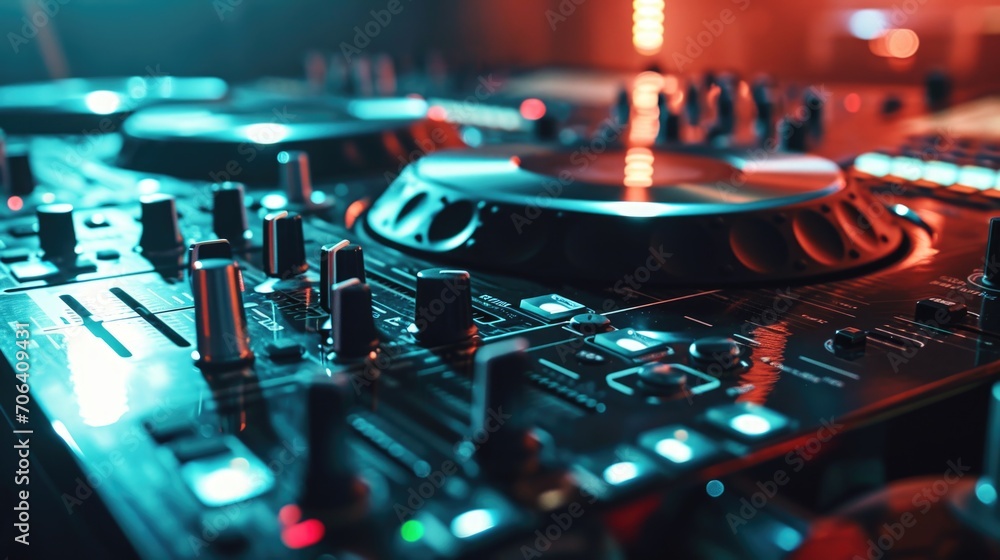 Poster A close up view of a DJ mixer in a room. This image can be used to depict a professional DJ setup or to represent music production.
