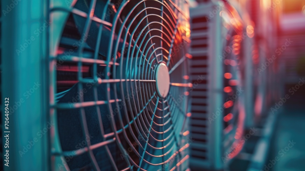 Poster a close-up view of a fan mounted on the side of a building. perfect for architectural and industrial