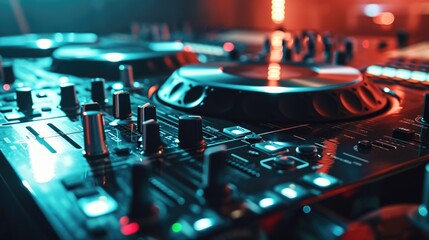 A close up view of a DJ mixer in a room. This image can be used to depict a professional DJ setup...