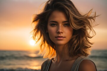 Fototapeta premium woman on the beach at sunset
