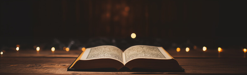open religious book with candle lights in the background