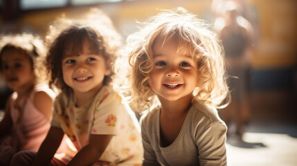 Two adorable toddlers with bright smiles playing together in a room filled with warm sunlight, radiating innocence and joy.