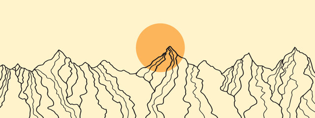 Vector drawing abstract mountains and sun. Poster, banner template. flyer. covers. Drawing in minimalist style, wall decor.Vector file, design elements.