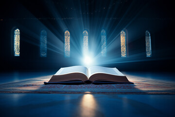 The open religious book as a symbol of enlightenment and enlightenment - obrazy, fototapety, plakaty