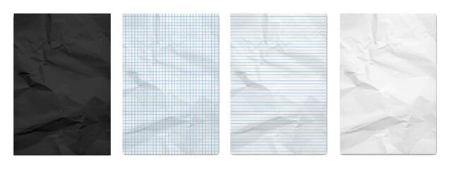 Crumpled paper set, Black, white and checkered paper texture. Notebook sheet collection. Blank pages Realistic 3d vector illustration,