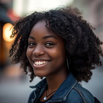 Close-up Portrait Of A Young African American Woman Enjoying City Life and Smiling at Camera, Beautiful Black Woman, Blurry City Background, Mock-Up Photography, Model Photoshoot