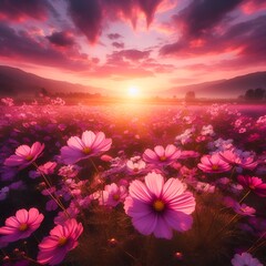 Fototapeta na wymiar Beautiful wild flowers chamomile, purple and pink wild peas, sunlight morning haze in nature