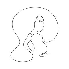 Silhouette of a pregnant woman. Future mom hugging belly with arm. Concept of pregnancy, family, motherhood. Line art style. Vector illustration. 