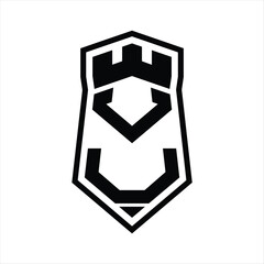VU Letter Logo monogram hexagon shield shape up and down with crown castle isolated style design