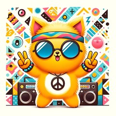 Colorful hippie cat.  Peace signs, freedom. Stay positive. Good vibes only. Hippie aesthetic background.