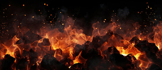 Burning coals from a fire abstract background. Inferno Glow: Mesmerizing Fire Background - obrazy, fototapety, plakaty