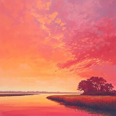 The warm hues of orange and pink paint the sky, casting a gentle glow on the surroundings
