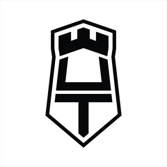 UT Letter Logo monogram hexagon shield shape up and down with crown castle isolated style design