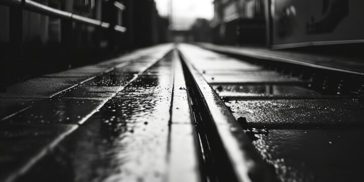 A black and white photo of a train track. Suitable for various applications