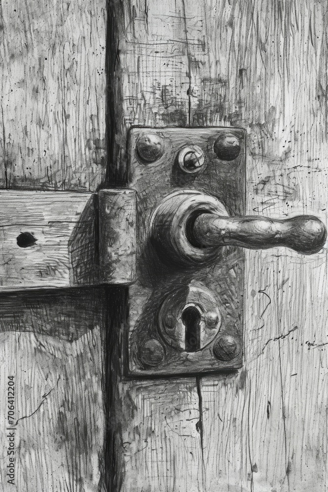 Poster a detailed close-up view of a door handle on a wooden door. this image can be used to depict securit