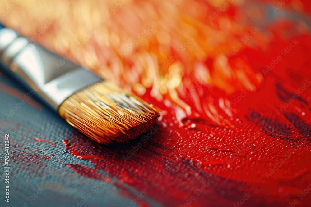 Poster Close-up view of a paintbrush resting on a vibrant red surface. Suitable for various artistic projects and designs