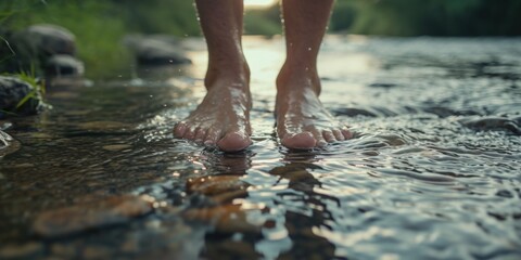 A person standing in a stream with their feet in the water. This image can be used to depict relaxation, nature, and tranquility