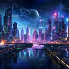 Futuristic city at night 3d rendering illustration. Skyscrapers and high-rise buildings