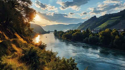 The setting sun shines over a winding river surrounded by wooded hills and vineyards, creating a picturesque landscape.