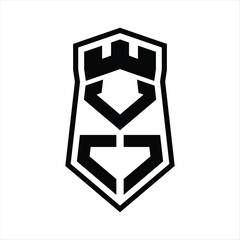 VO Letter Logo monogram hexagon shield shape up and down with crown castle isolated style design