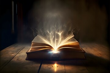 Old magic book on wooden table with light rays coming out form the inside