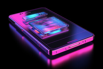 3D rendering smartphone with display emitting neon violet pink blue holographic symbol of floppy disc icon on dark background with blurred reflection