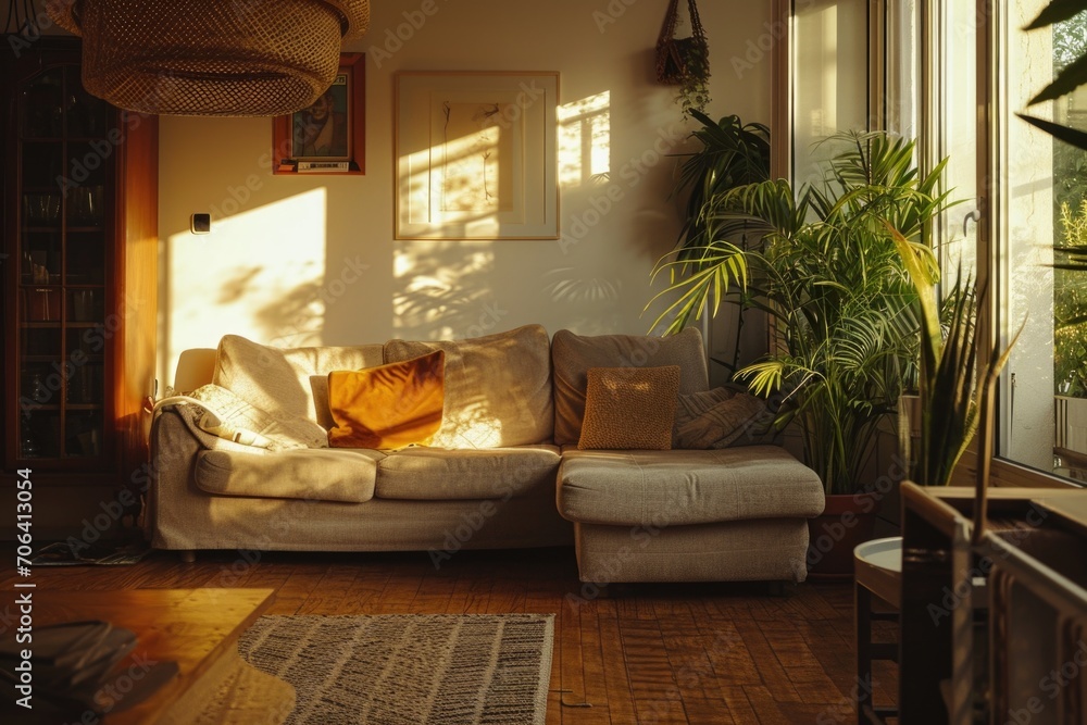 Poster a comfortable and inviting living room filled with furniture, highlighted by a large window that bri