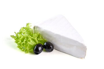 Fresh Camembert cheese. Sliced Brie cheese, isolated on white background