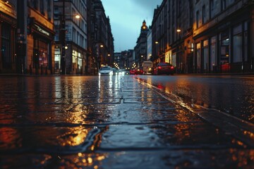 Fototapeta premium A wet city street illuminated by streetlights with cars driving down it. Perfect for urban scenes and transportation themes