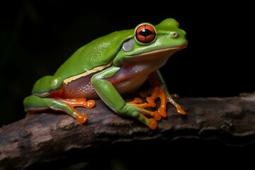 A vibrant tree frog perched on a branch. Generative AI