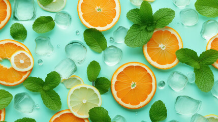 Vibrant orange and lemon slices with mint leaves and ice cubes on a refreshing aqua background.