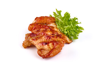 Roasted Buffalo chicken wings with barbecue sauce, american food, close-up, isolated on white background