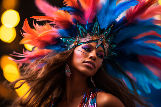 Energetic woman carnival dancer. Colorful vibrant feather festival costume. party concept