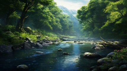 Serene wilderness: stunning river and lush forest landscape, nature's beauty in full bloom