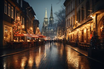 Blurry view, night atmosphere of Weihnachtsmarkt, Christmas Market with crowd of people and various beautiful decorated illuminate stalls beside Cologne Cathedral in Köln, Germany. - obrazy, fototapety, plakaty