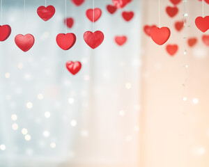 Red hanging hearts on string with bokeh lights in the background. Festive advent valentine celebration concept greeting card.