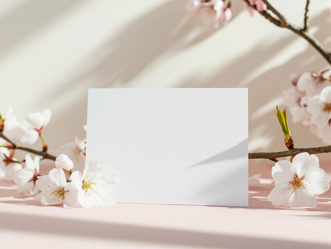Greeting card mockup with cherry sakura branch in a sunny spring background