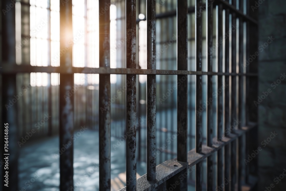 Poster close up of a jail cell with the sun shining in the background. perfect for illustrating confinement