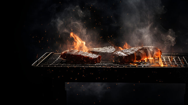 A mouth-watering piece of meat sizzling on a grill, surrounded by flames. 