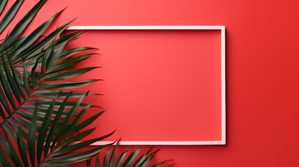 Vibrant tropical foliage: top view of green palm tree leaf shadow on red background. Minimal summer concept, flat lay with creative copyspace and paper frame. Exotic botanical composition