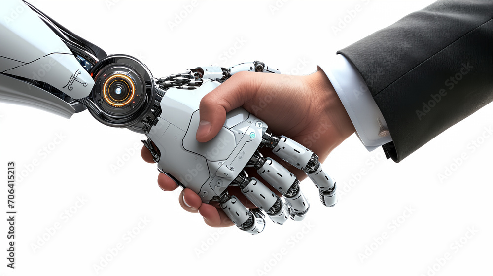 Poster a businessman shake hands with a cybernetic robot. concept for applying ai to help industry