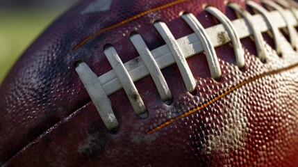 A close up view of a football on a field. This image can be used for sports-related designs and illustrations