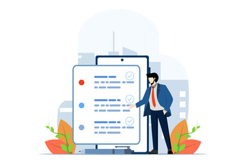 Planning schedule concept. characters make work planning, business and organizational tasks, fill out checklists, make schedules using a calendar. White background flat vector illustration. - obrazy, fototapety, plakaty