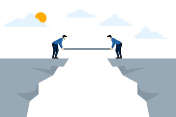 Risk management, business idea to overcome difficulties or teamwork to achieve target concept, businessman helping to build equipment or supplies as a bridge to walk over a dangerous cliff.