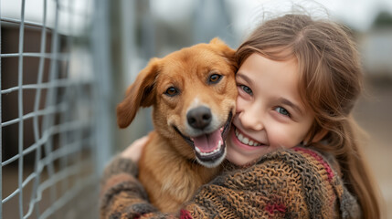 A little girl helps adopting a dog from dog rescue shelter center.
