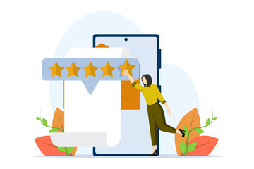 concept of rating scale and customer satisfaction. Feedback and reviews. Characters provide positive responses to helpdesk services. Flat vector illustration on white background. - obrazy, fototapety, plakaty
