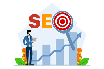 Search Engine Optimization ranking concept, SEO, arrow pointing to a magnifying glass with SEO abbreviation letters, idea for promoting traffic to a website. businessman with laptop looking at graph.