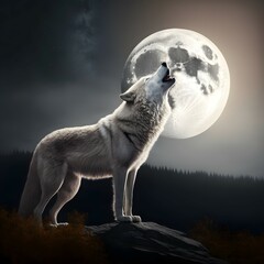 a huge white wolf howling to a big full moon